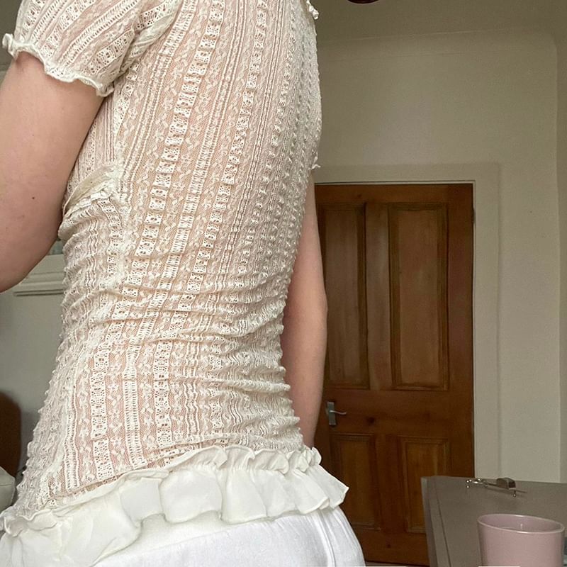 Ruffle Lace Blouse with V-Neck and Short Sleeves