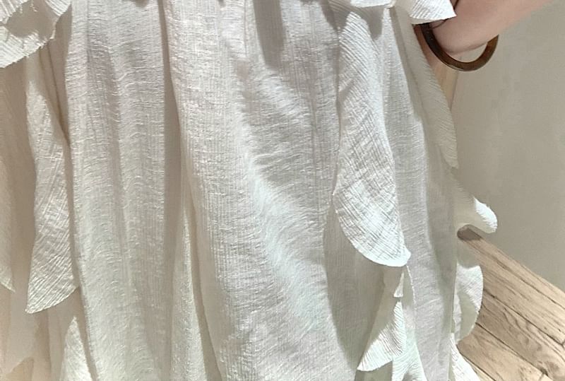 A-Line Midi Ruffle Trim Plain Sleeveless Dress Asymmetrical