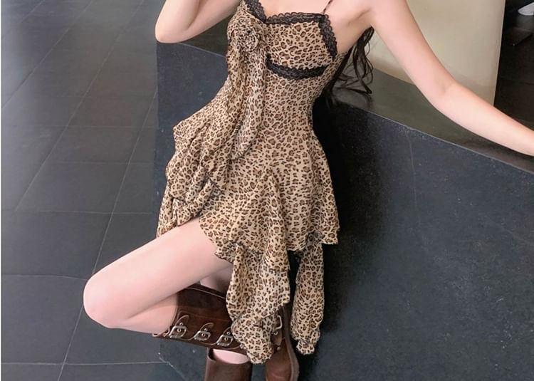 Strap Mini Trim Leopard Print Lace Asymmetrical A-Line Spaghetti Dress