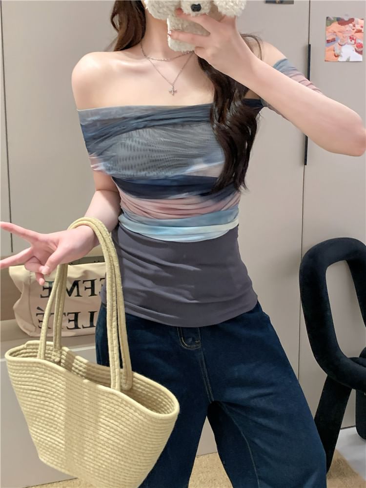 Fit Top Off-Shoulder Block Slim Color Mesh Short-Sleeve