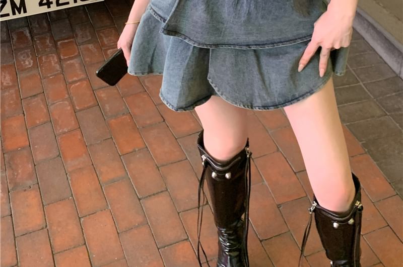 Crop Tube Belted Top Asymmetrical A-Line Denim Tiered Mini Skirt + High Set: Waist