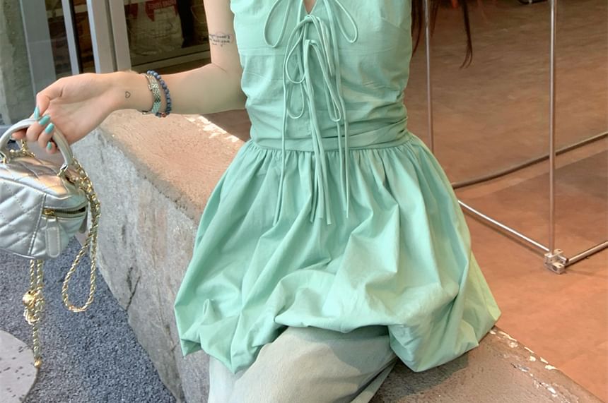 Bubble V-Neck A-Line Bow Mini Halter Plain Hem Skirt