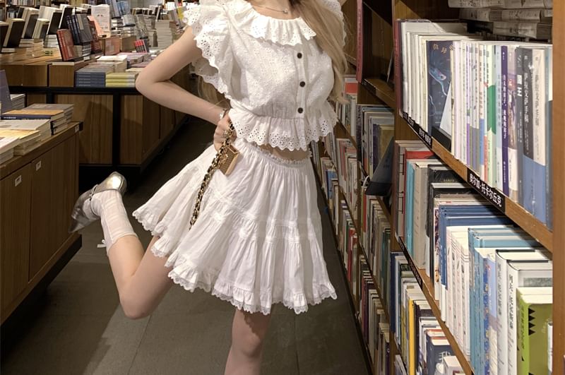 Eyelet Blouse Collared Embroidered Sleeve Cap Ruffle Plain