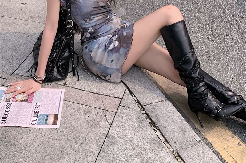 Butterfly Neck Dress Sleeveless A-Line Mini Cowl Print