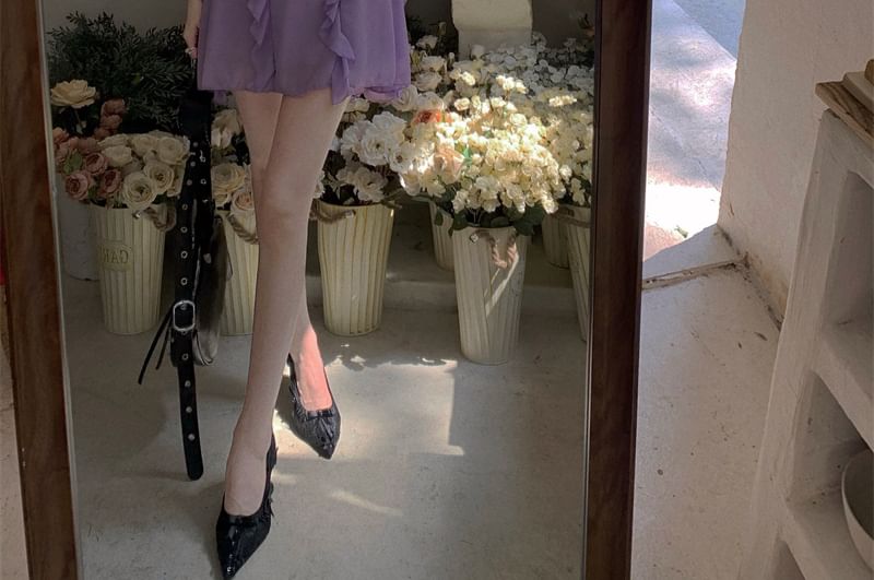 Spaghetti Plain A-Line Dress Strap Ruched Ruffle Mini