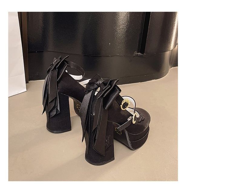 Mary Heel Bow Jane Embroidered Shoes Chunky Platform
