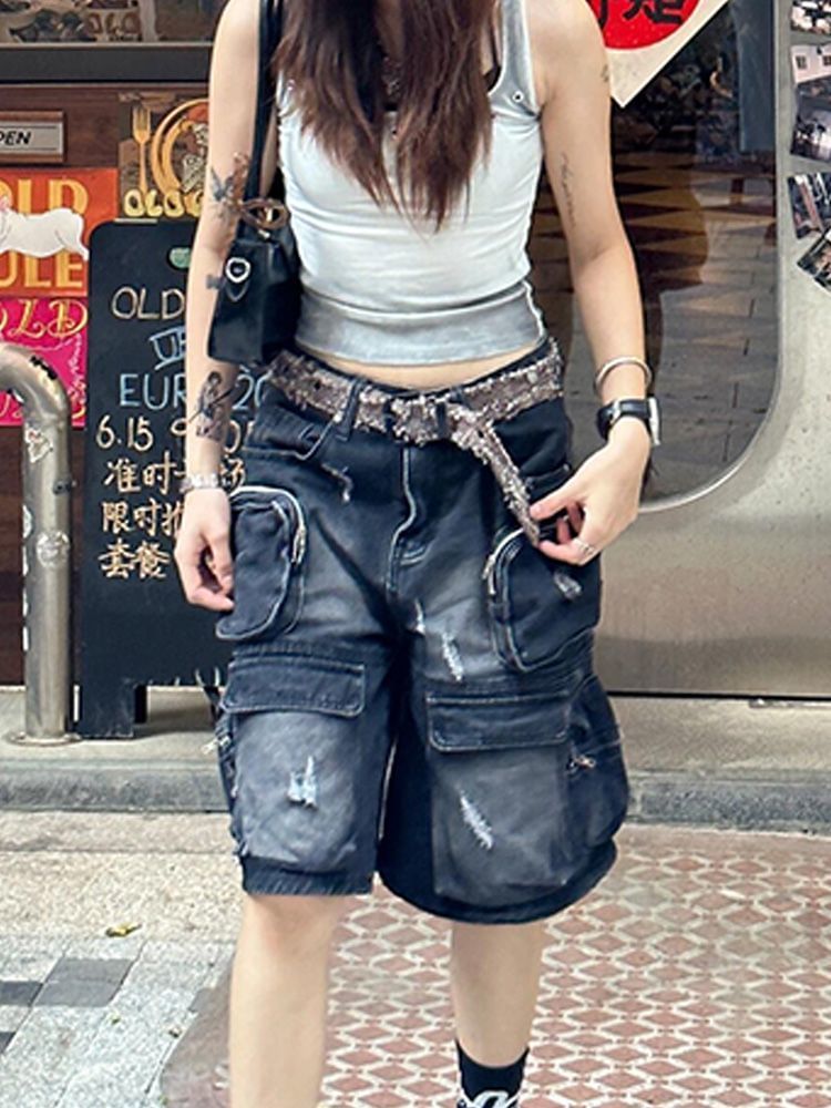 Low Rise Washed Distressed Pocket Detail Denim Shorts