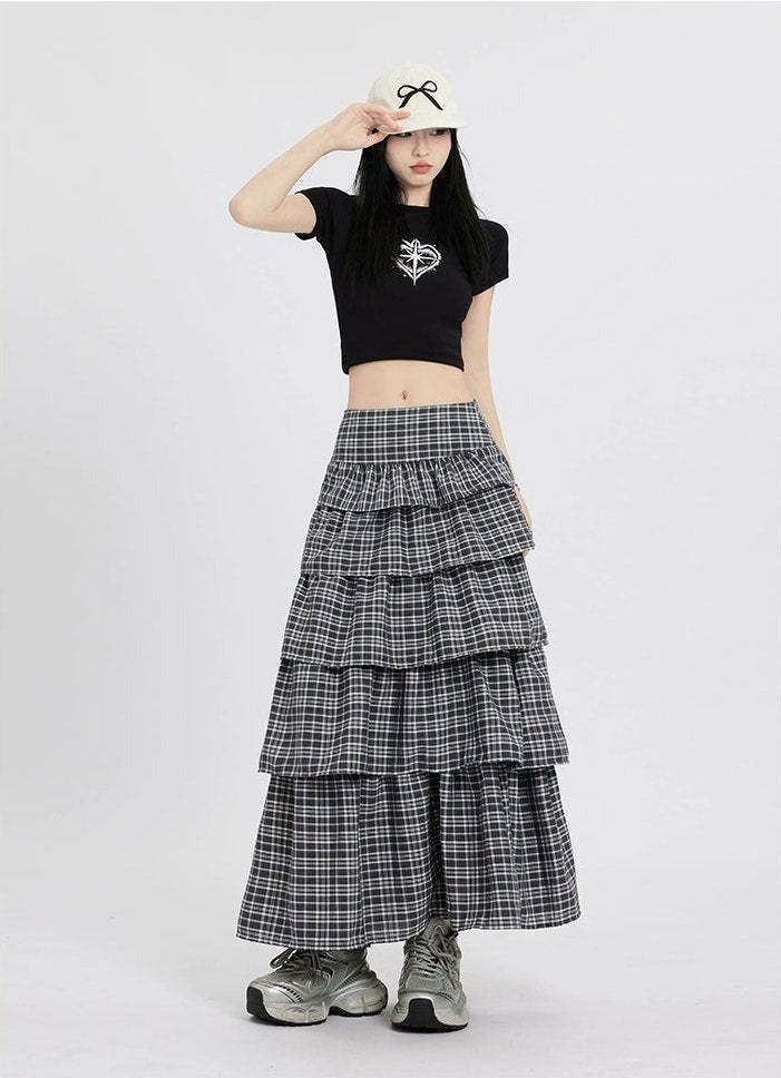 Plaid A-Line Maxi Skirt with Low Rise and Tiered Layers