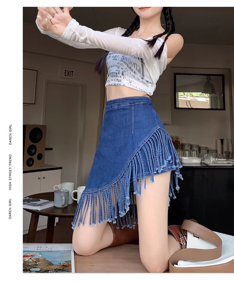High Waist Washed Fringe Asymmetrical Mini A-Line Denim Skort