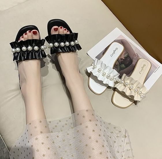 Faux Sandals Slide Ruffle Pearl