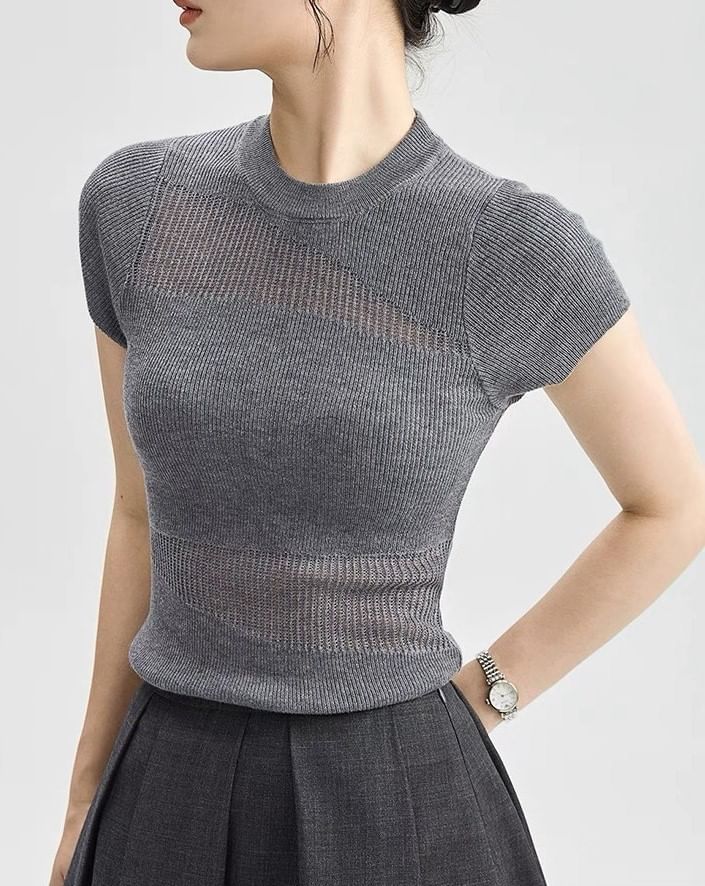 Top Cap-Sleeve Sheer Knit Round Panel Neck Plain