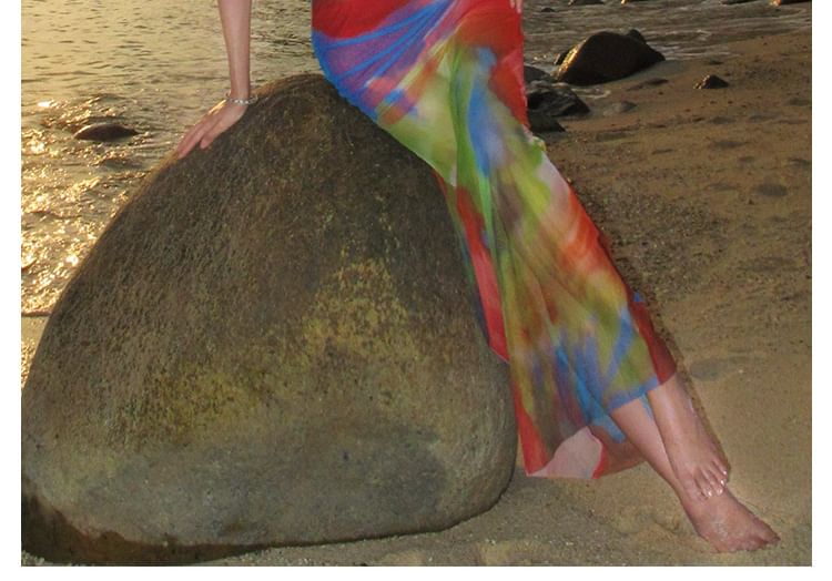 Sweetheart Neckline Tie Dye Lace Trim Ruched Mesh Bodycon Maxi Dress