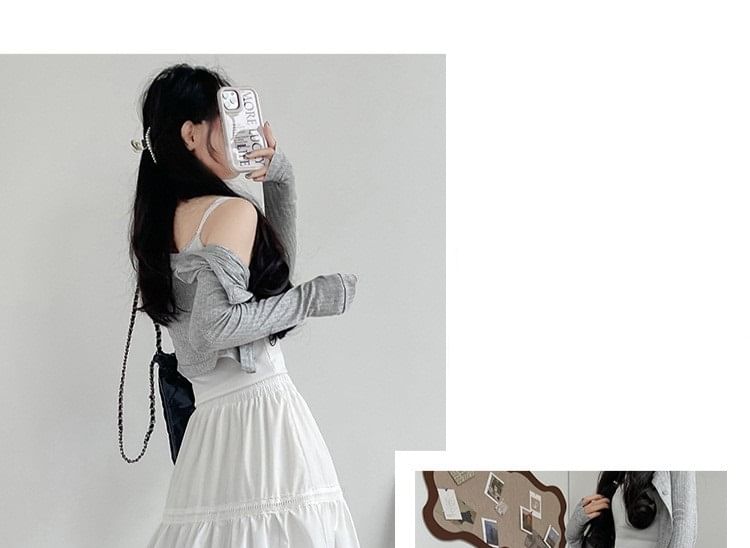 Elastic-Waist Lace-Trimmed Tiered Midi Flared Skirt