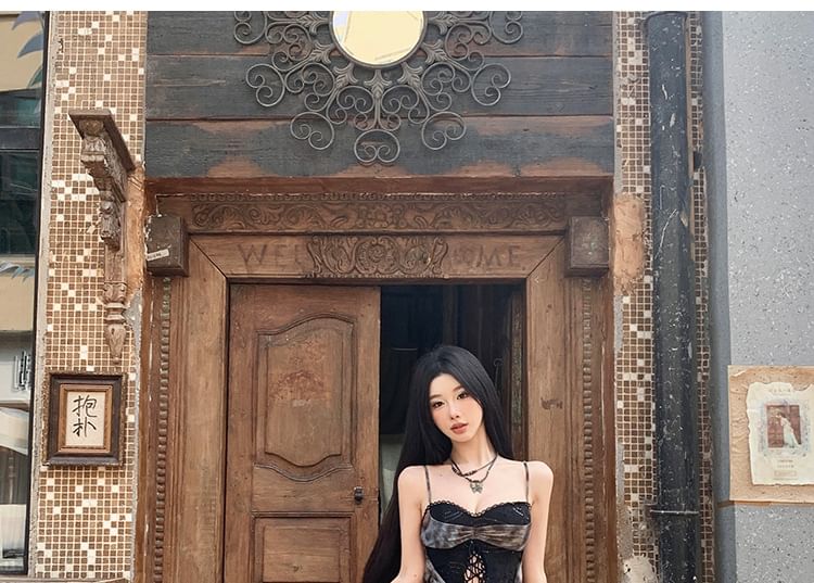 Spaghetti Strap Leopard Print Lace Panel Cutout Ruched Maxi Mermaid Dress