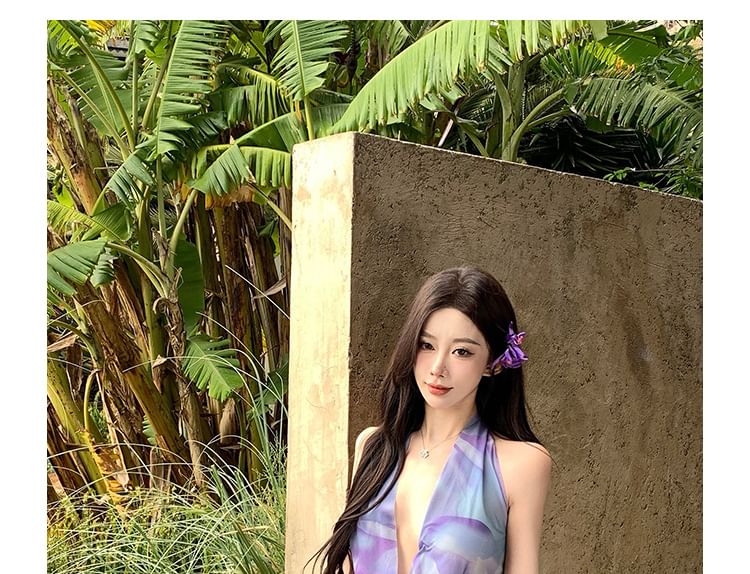 Halter Cowl Tie-Dye Crop Top & Ruched Skirt