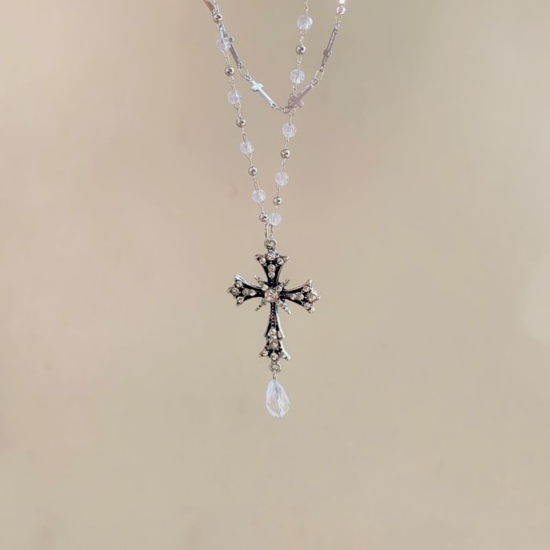 Cross Pendant Bead Necklace Layered CZ