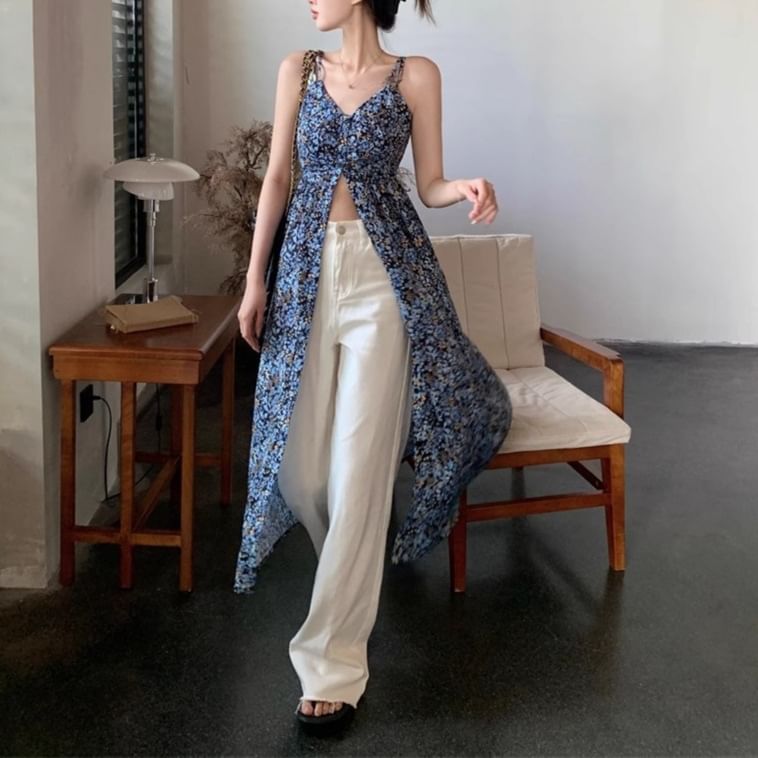 Dress Midi Floral Sleeveless A-Line V-Neck Print