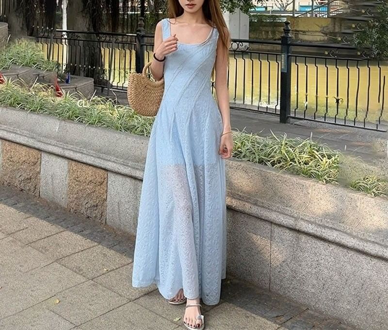 Neck Sleeveless A-Line Maxi Square Plain Dress