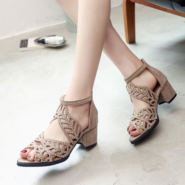 Rhinestone Faux Leather Block Heel Sandals