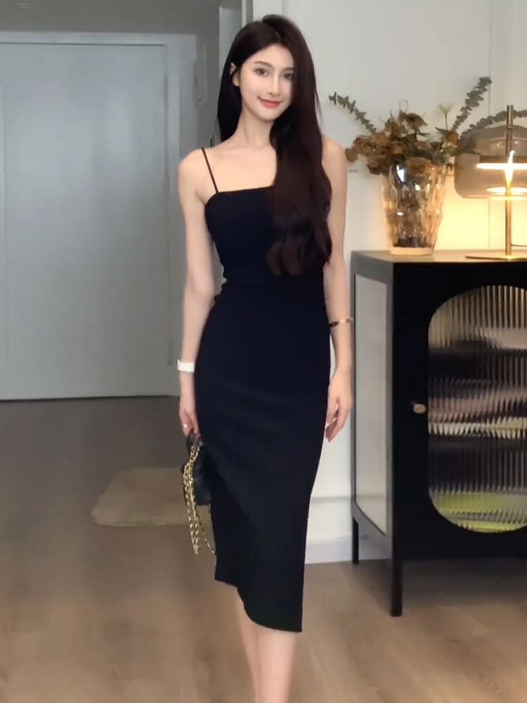 Spaghetti Strap Plain Midi Sheath Dress