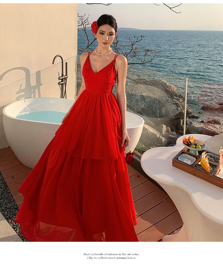 Spaghetti Strap Plain Tiered Maxi A-Line Dress
