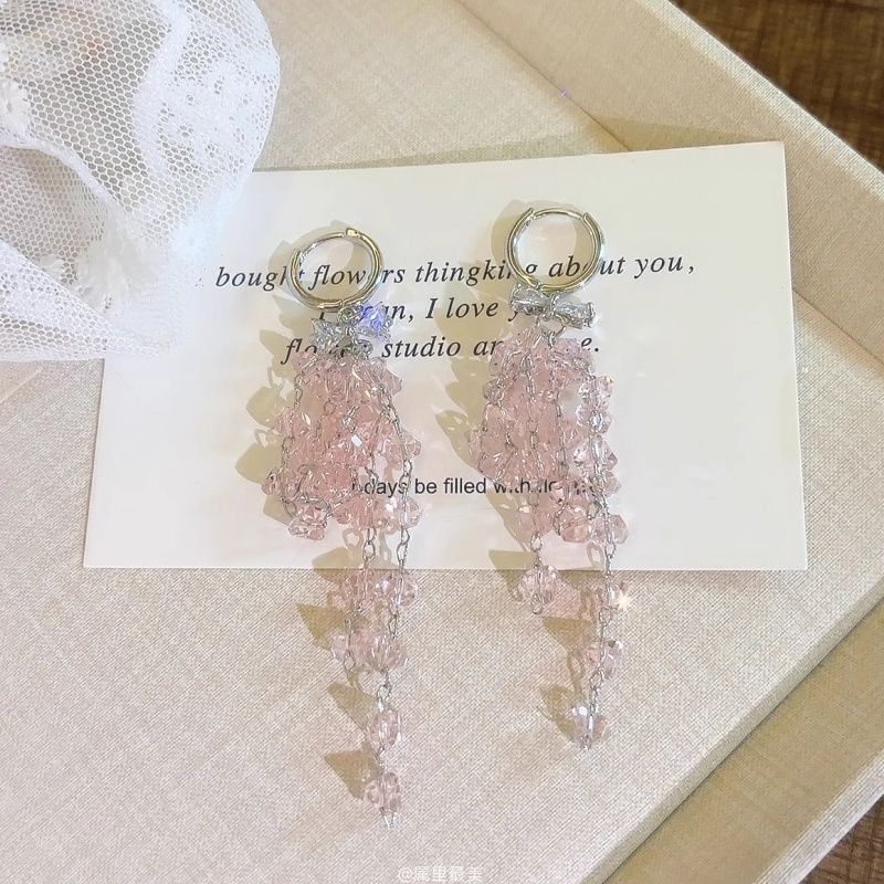 Fringed Rhinestone Earring Drop Bow Huggie