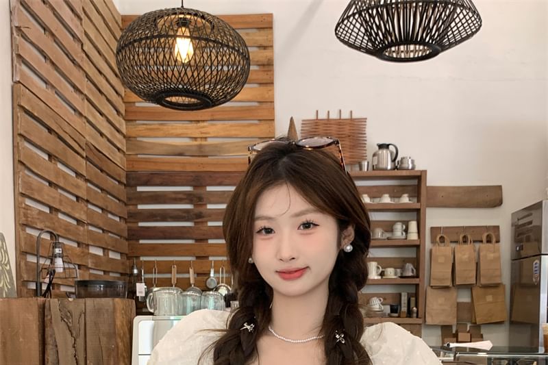 Lace-Trimmed Tie-Front Buttoned Puff-Sleeved Scoopneck Crop Blouse