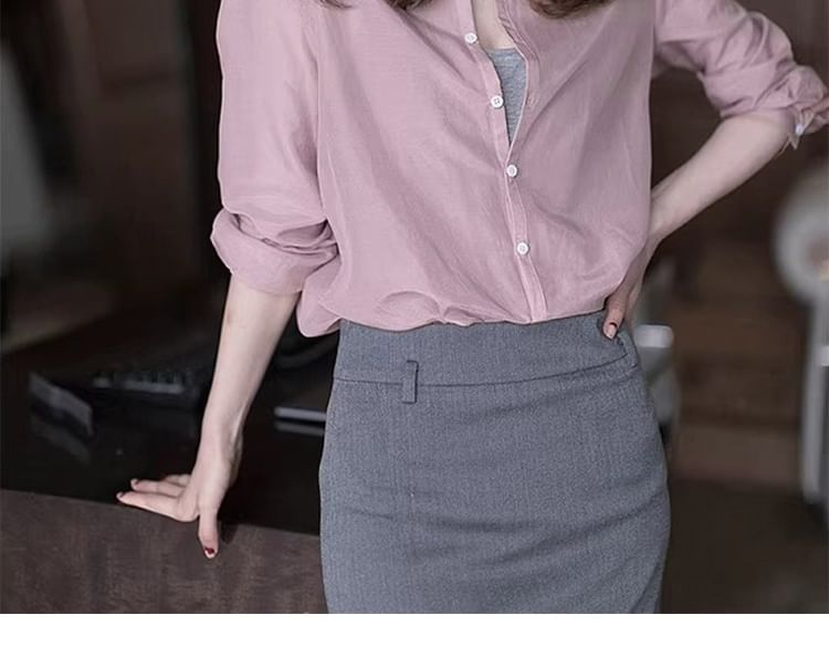Plain Band-Collar Long-Sleeved Button-Up Shirt