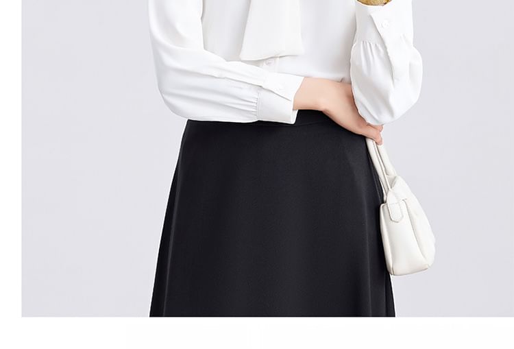 Tie Front Collared Blouse + High Rise Midi A-Line Skirt Set