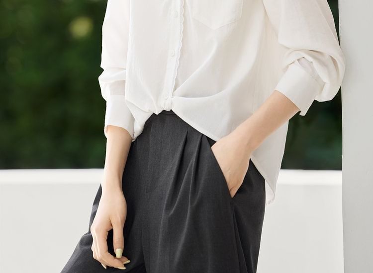 Long-Sleeve V-Neck Collared Lace Trim Button-Up Blouse