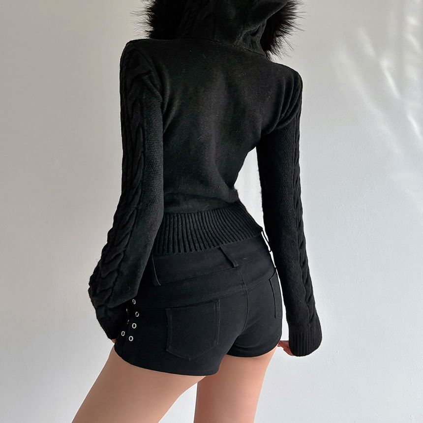Cable-Knit Furry-Trim Zip-Up Long Sleeve Cardigan