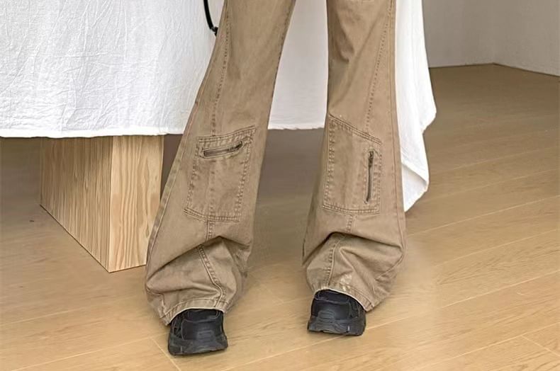 High Waist Washed Pocket Straight-Fit Boot-Cut Cargo Pants