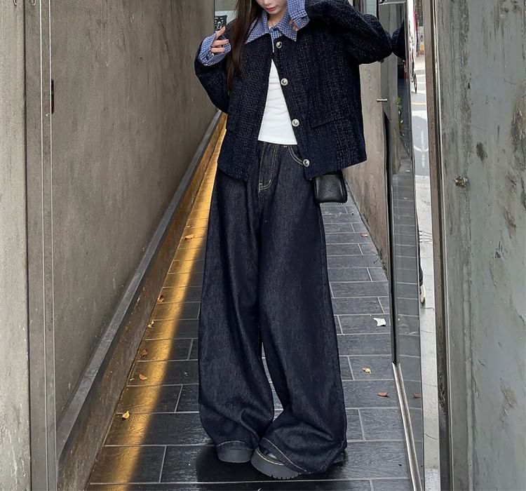 Collared Plaid Mock Two Piece Panel Tweed Button Jacket