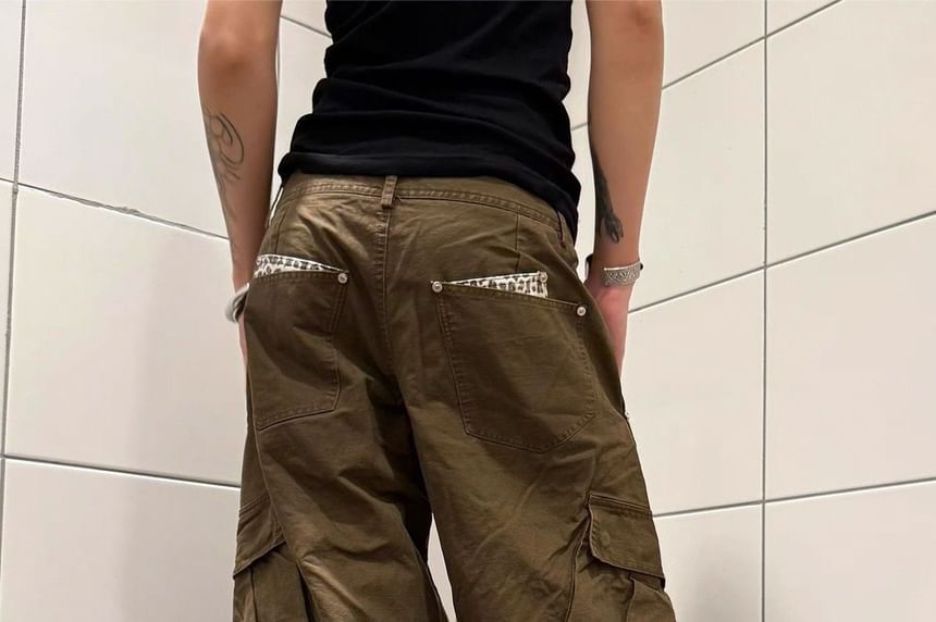 High Waist Leopard Pocket Wide Leg Cargo Pants