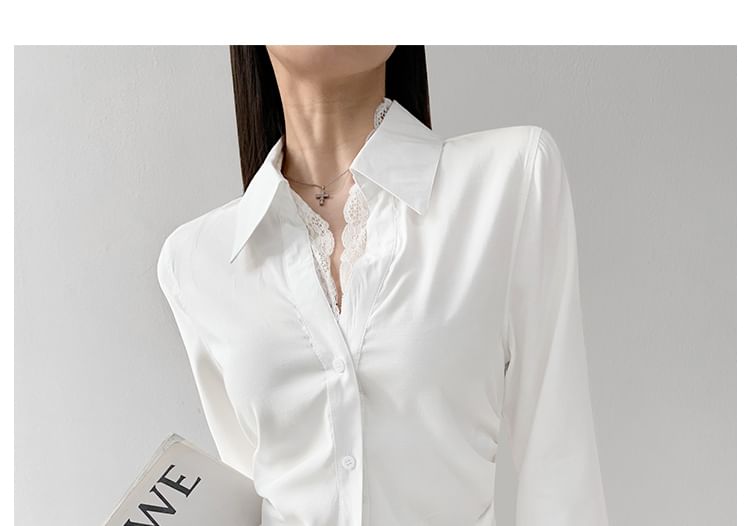 Lace-Trimmed Long Sleeve Button-Down Shirt