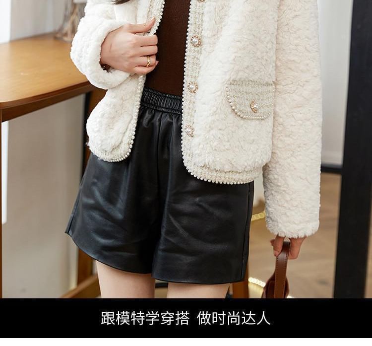 V-Neck Panel Tweed Faux Pearl Button Teddy Jacket