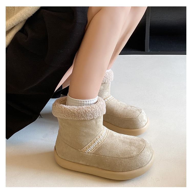 Platform Embroidered Fleece-Lined Faux Suede Short Snow Boots