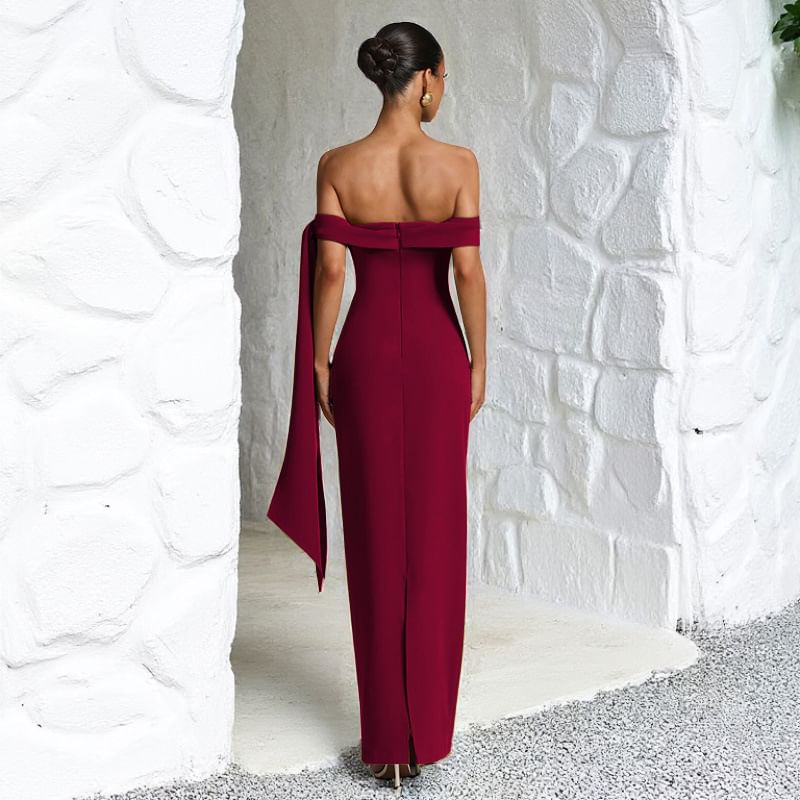 Sleeveless Off-Shoulder Plain Slit Maxi Sheath Dress