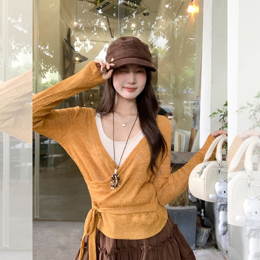 V-Neck Knit Top with Long Sleeves and Two-Tone Design
