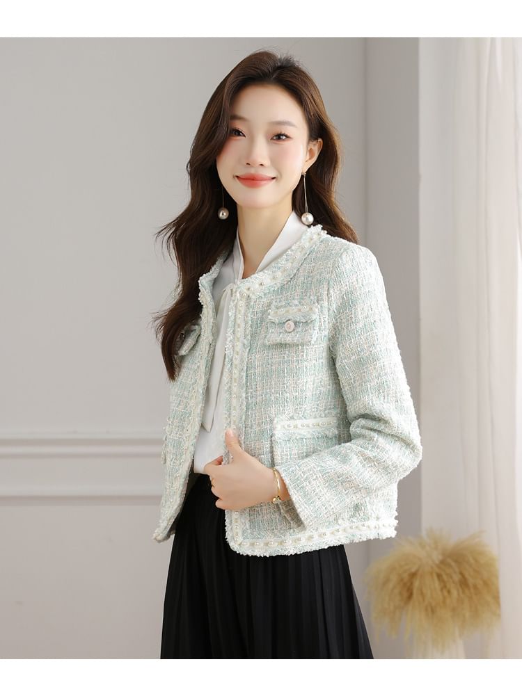 Round Neck Tweed Open Front Jacket