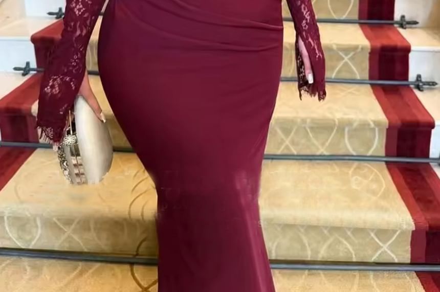 Long Sleeve Square Neck Plain Cutout Back Panel Lace Maxi Sheath Dress