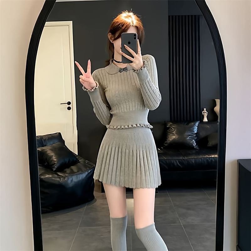 Collared Knit Top and Pleated Mini Skirt Set