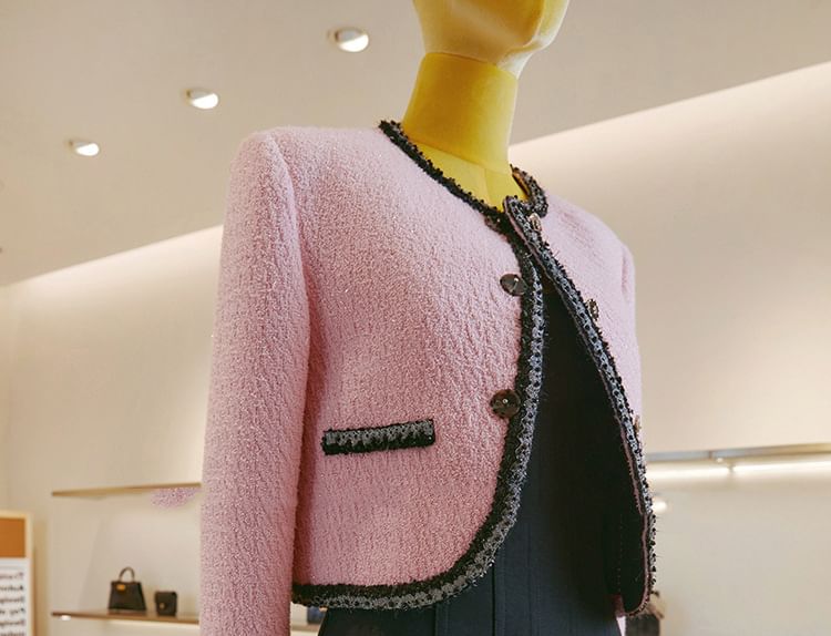 Crew Neck Contrast Trim Button-Up Tweed Crop Jacket