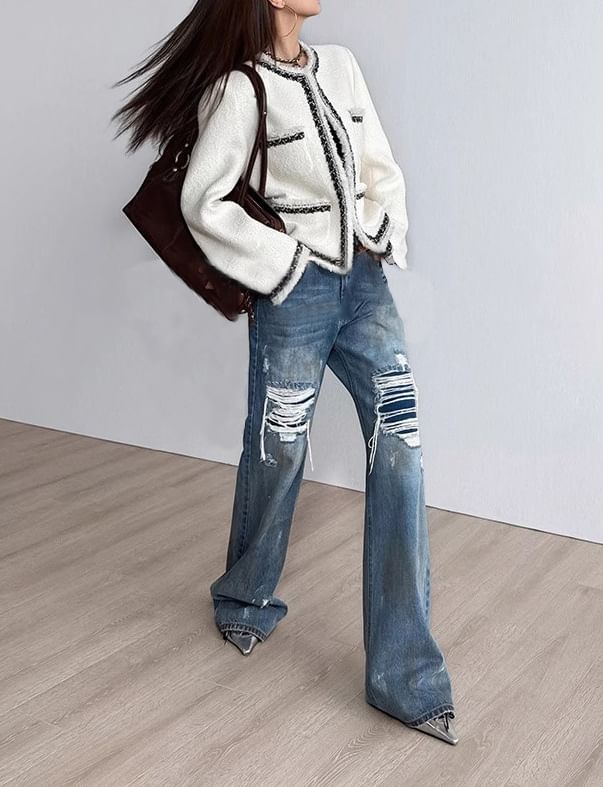 Crew Neck Contrast Trim Fringed Open Front Tweed Jacket