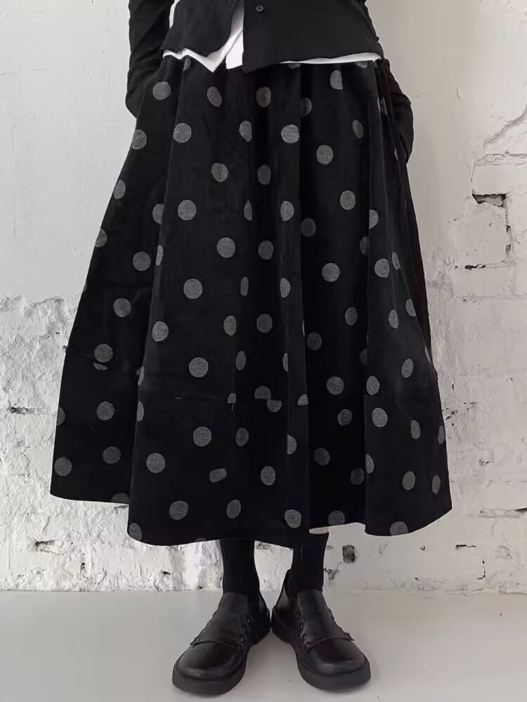 Dotted Corduroy Midi A-Line Skirt with High Rise