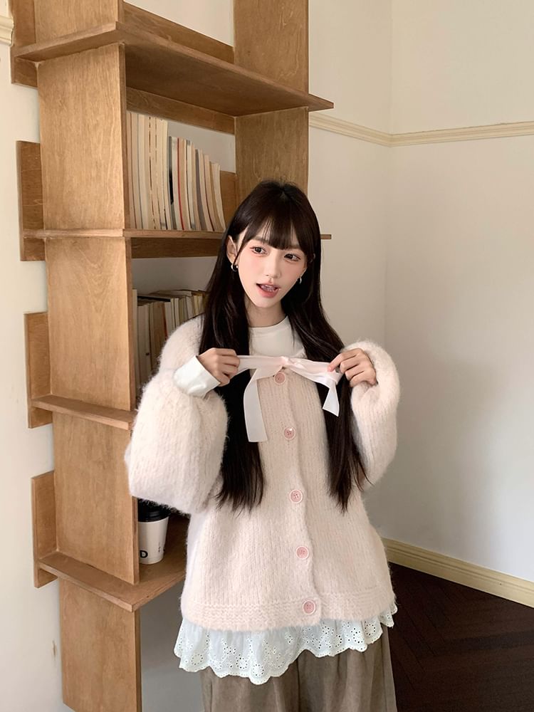 Crewneck Frill Trim Button-Up Plain Cardigan