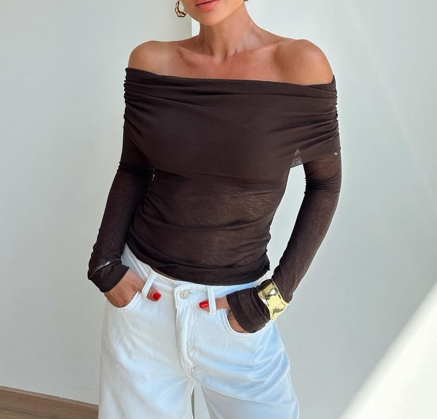 Off-Shoulder Plain Slim-Fit Top with Long Sleeves