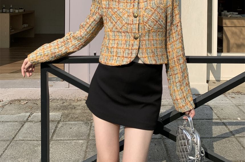 Crew Neck Plaid Button-Up Tweed Crop Jacket