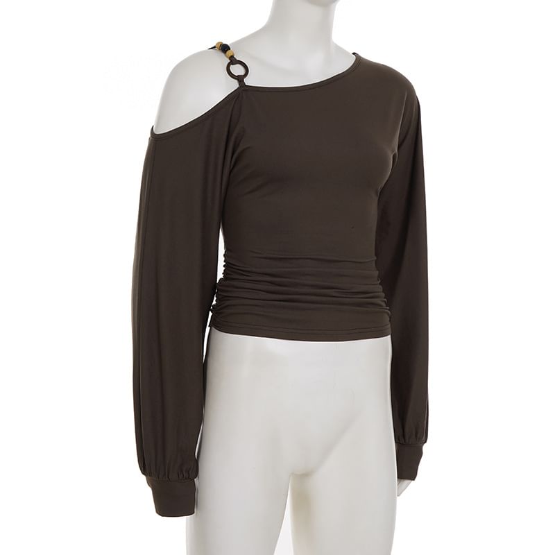 Beaded Ruched Cold-Shoulder Long-Sleeve Plain Blouse