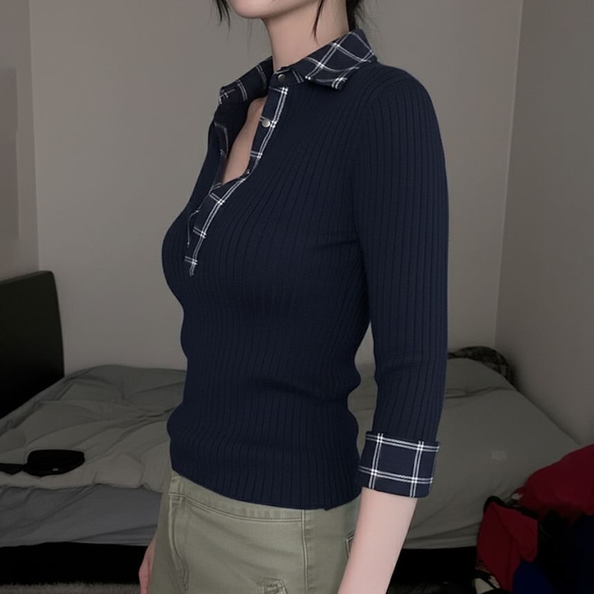 Plaid Collared Ribbed Button Mock Two-Piece Top, 3/4 Sleeves